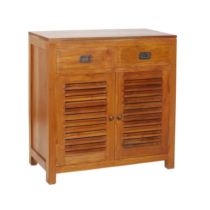 API - Bahut marron 2 portes persiennes 2 tiroirs bois Teck