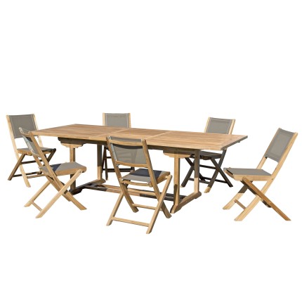 Teak Wood Garden Furniture Set - 8/10 Seater - Extendable Table & 6 Taupe Chairs