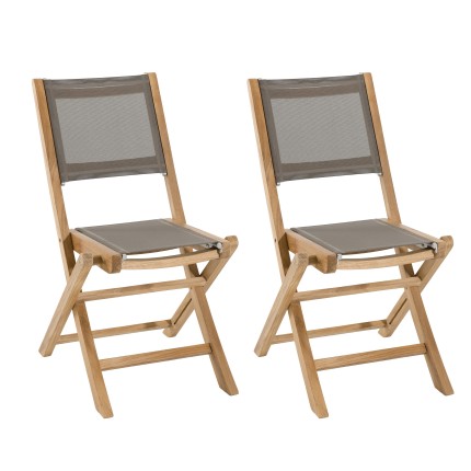 FUN - Set of 2 Folding Garden Chairs in Teak and Taupe-Coloured Textilene