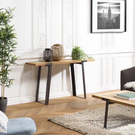 CARLA - Wooden Chevron Console with Black Metal Legs