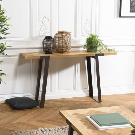 CARLA - Wooden Chevron Console with Black Metal Legs