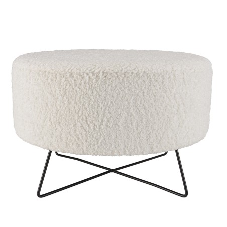 AGATHE Round Pouffe in White Bouclé Fabric with Black Metal Legs