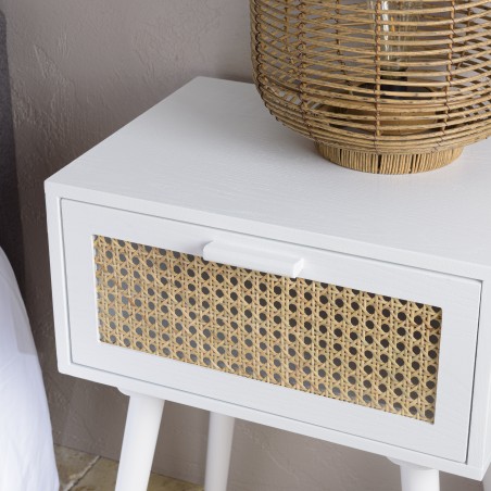 Chevet blanc SMANDY - 1 tiroir cannage naturel