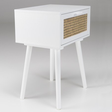 SMANDY White Bedside Table with Natural Cane Detailing