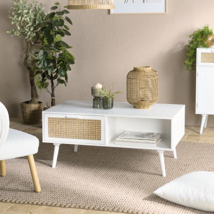 SMANDY White Coffee Table with 2 Drawers and 1 Niche