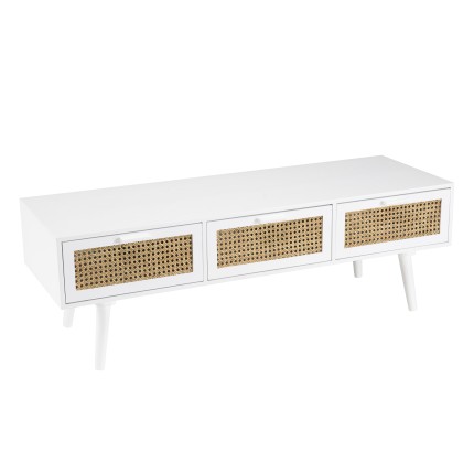 Meuble TV SMANDY blanc 3 tiroirs cannage naturel