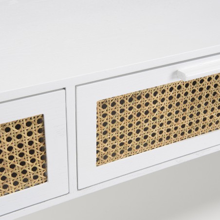 Meuble TV SMANDY blanc 3 tiroirs cannage naturel