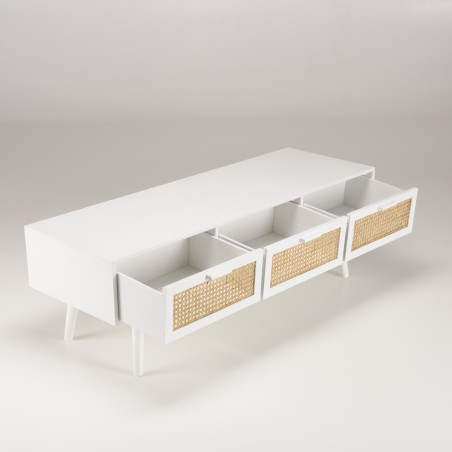 Meuble TV SMANDY blanc 3 tiroirs cannage naturel