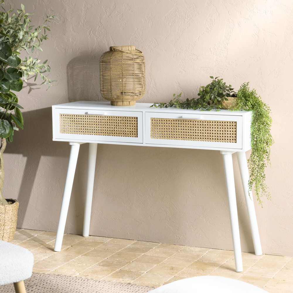 Console blanche 2 tiroirs cannage naturel - SMANDY Console blanche 2 tiroirs cannage naturel - SMANDY