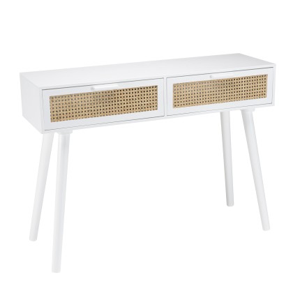 Console blanche 2 tiroirs cannage naturel - SMANDY