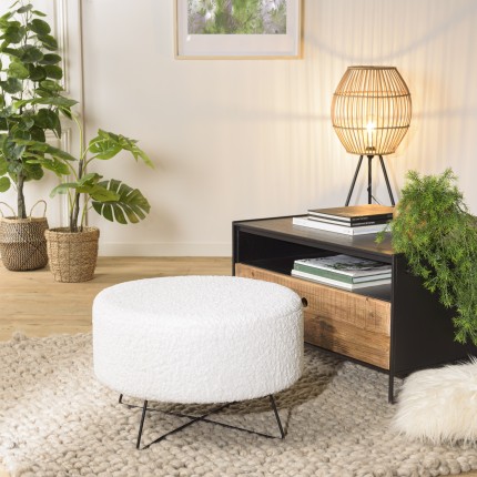 Pouf rond AGATHE en tissu bouclette blanc