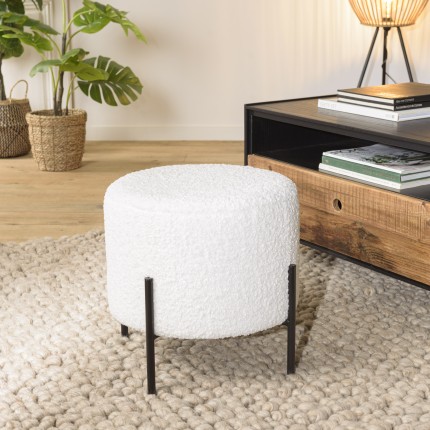 AGATHE Round Stool 40x40cm - White Bouclé Fabric