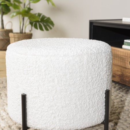 Tabouret rond AGATHE 40x40cm tissu bouclette blanc