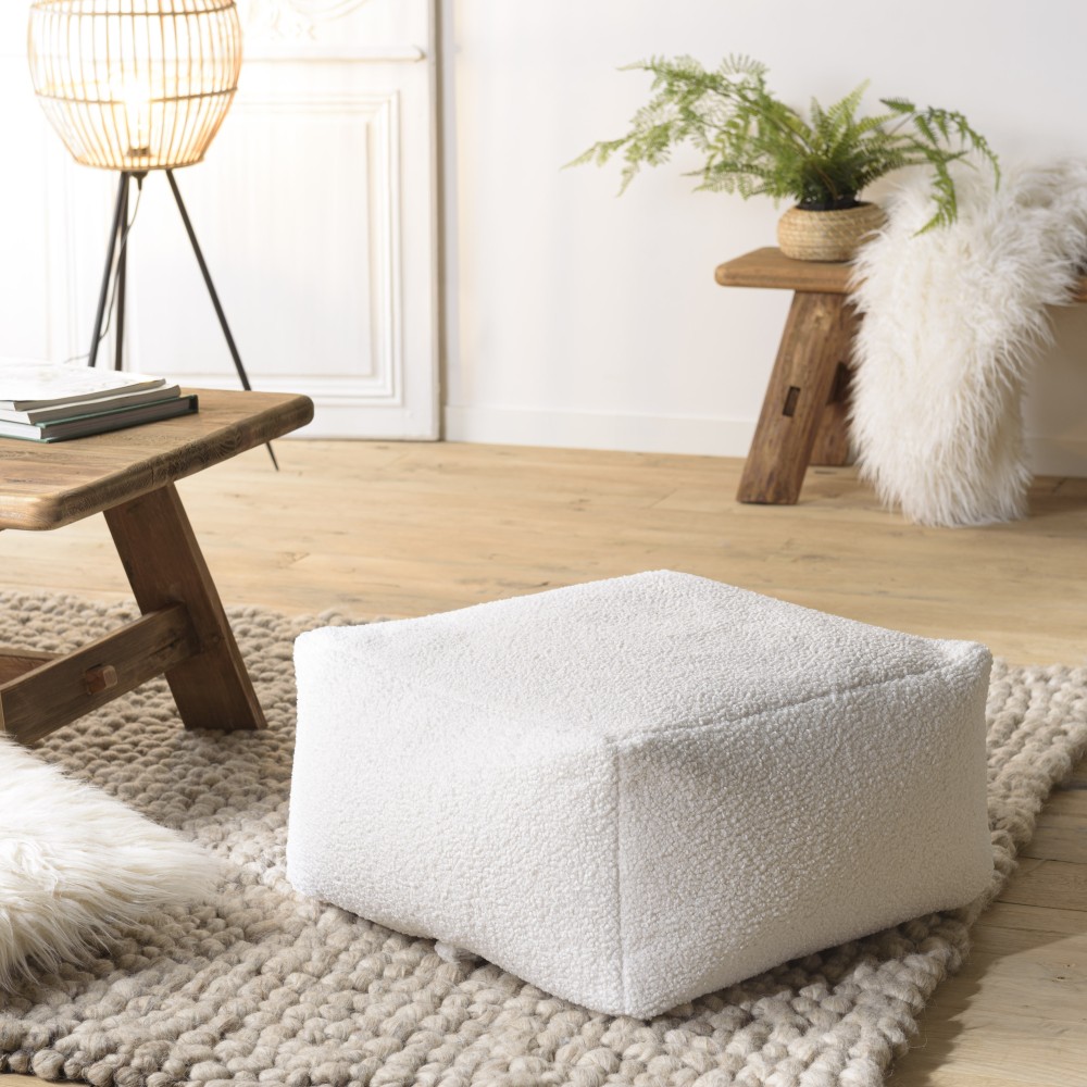 Pouf carré AGATHE en tissu bouclette blanc Pouf carré AGATHE en tissu bouclette blanc