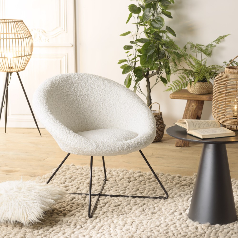 AGATHE Armchair - White Bouclé Fabric with Black Metal Cross Legs AGATHE Armchair - White Bouclé Fabric with Black Metal Cross Legs