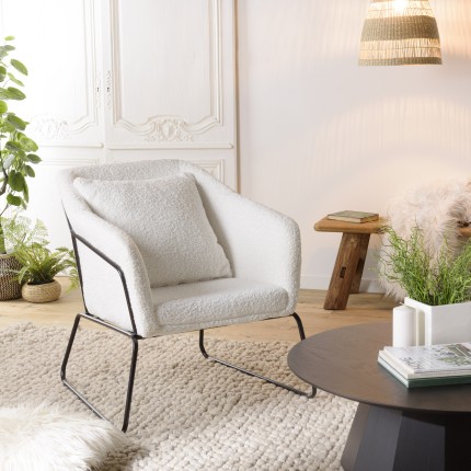 Fauteuil AGATHE - Tissu bouclette blanc et métal noir
