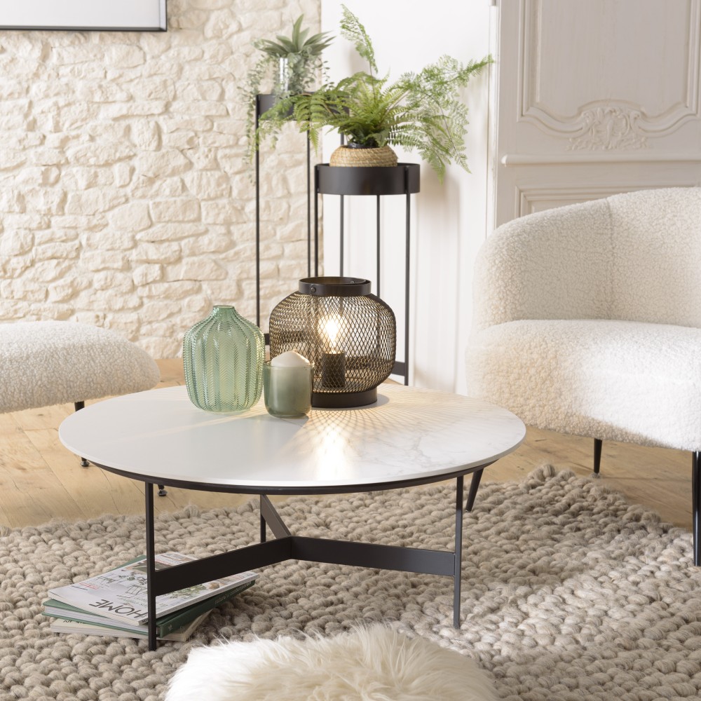 DALY Round Coffee Table 78x78cm - Marble-Effect Top & Metal Base DALY Round Coffee Table 78x78cm - Marble-Effect Top & Metal Base