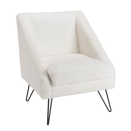 AGATHE Armchair - White Bouclé Fabric, Black Metal Legs