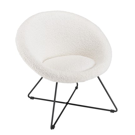 AGATHE Armchair - White Bouclé Fabric with Black Metal Cross Legs