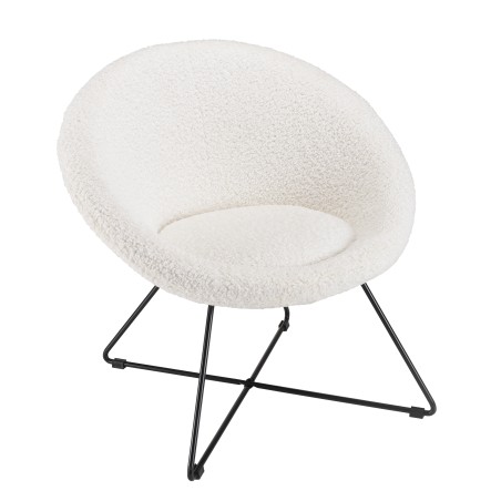 Fauteuil AGATHE - Tissu bouclette blanc - Pieds croisés métal noir