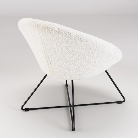 Fauteuil AGATHE - Tissu bouclette blanc - Pieds croisés métal noir