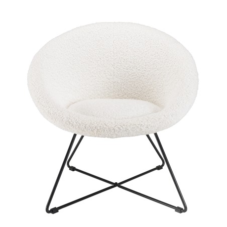 Fauteuil AGATHE - Tissu bouclette blanc - Pieds croisés métal noir