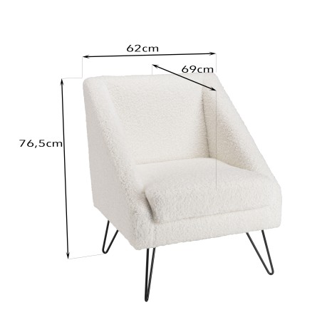AGATHE Armchair - White Bouclé Fabric, Black Metal Legs