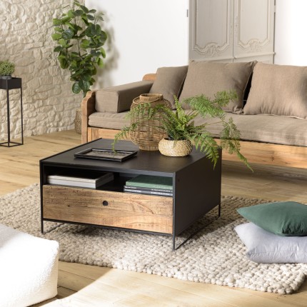 DANDY - Black Coffee Table 80x80cm with Drawer | Industrial Style