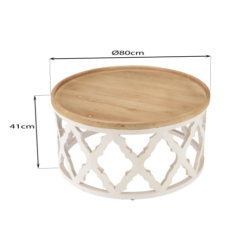 Table basse ronde VICTOIRE 80x80cm - plateau naturel et piètement blanc vieilli