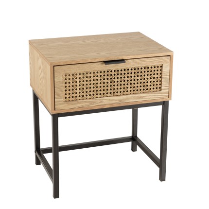 MARCEAU Bedside Table with 1 Drawer - Natural Cane and Black Metal Legs