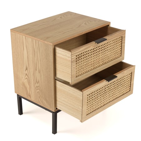 MARCEAU Bedside Table with 2 Drawers | Natural Cane & Black Metal