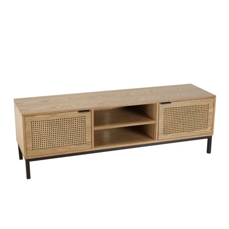 MARCEAU TV Stand with 2 Doors - Natural Cane and Black Metal Legs
