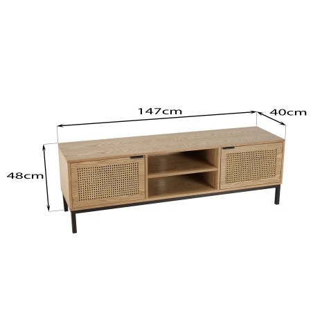 MARCEAU TV Stand with 2 Doors - Natural Cane and Black Metal Legs
