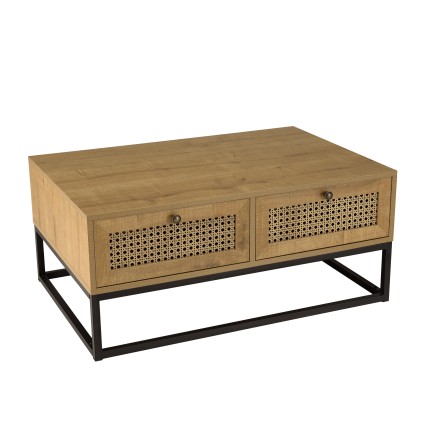CHARLIE Brown Coffee Table with 4 Drawers - Cane Effect & Black Metal Legs