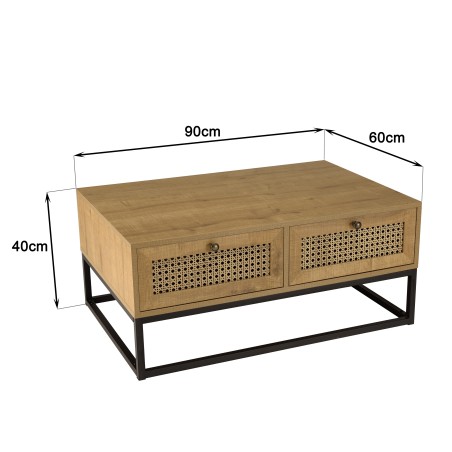 CHARLIE Brown Coffee Table with 4 Drawers - Cane Effect & Black Metal Legs