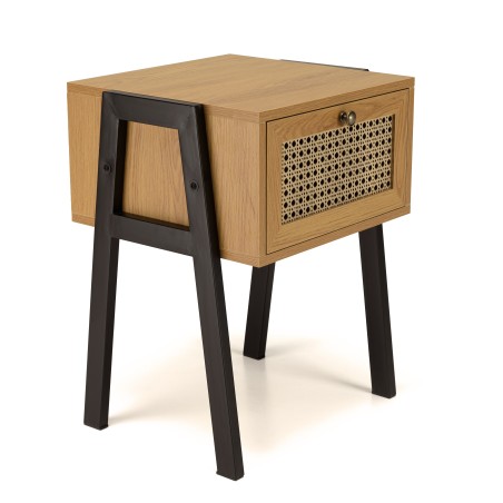 CHARLIE Brown Bedside Table with 1 Drawer - Cane Effect & Metal Legs