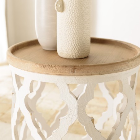 VICTOIRE Round Side Table 50x50cm - Natural Top, Aged White Base