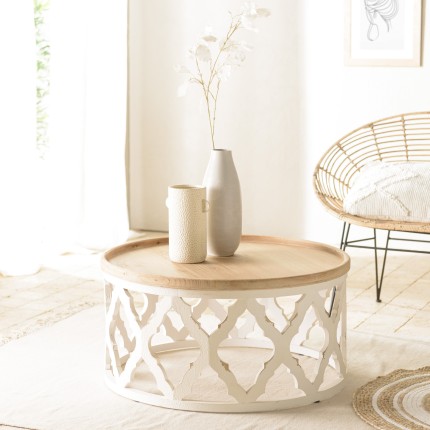 VICTOIRE Round Coffee Table 80x80cm Natural Top White Aged Base