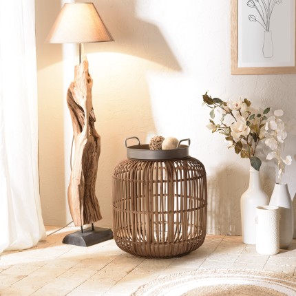 Table d’appoint VICTOIRE 51x51cm - Métal noir et rotin marron