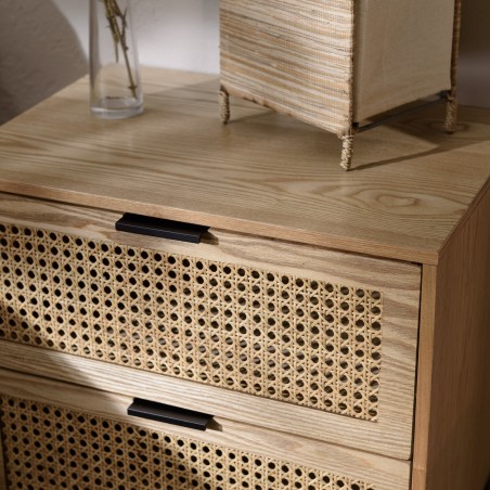 MARCEAU Bedside Table with 2 Drawers | Natural Cane & Black Metal