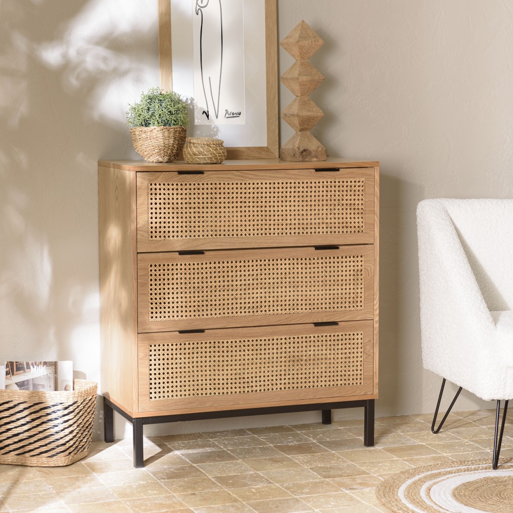 Commode MARCEAU - 3 tiroirs cannage naturel Commode MARCEAU - 3 tiroirs cannage naturel