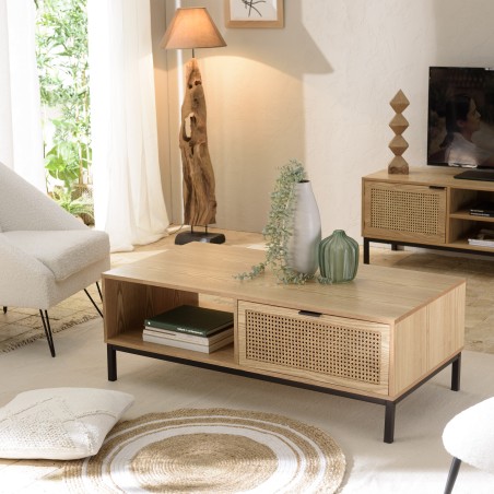Table basse MARCEAU - 2 tiroirs cannage naturel
