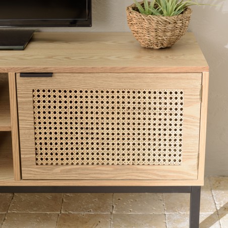 MARCEAU TV Stand with 2 Doors - Natural Cane and Black Metal Legs