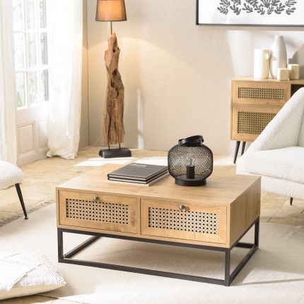 CHARLIE Brown Coffee Table with 4 Drawers - Cane Effect & Black Metal Legs