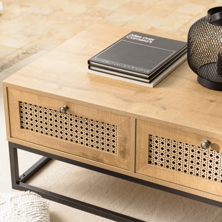 Table basse CHARLIE marron 4 tiroirs effet cannage