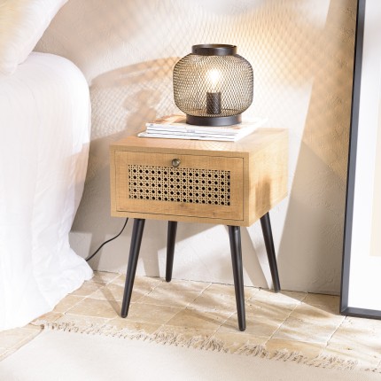 CHARLIE Brown Bedside Table with Cane Effect Drawer
