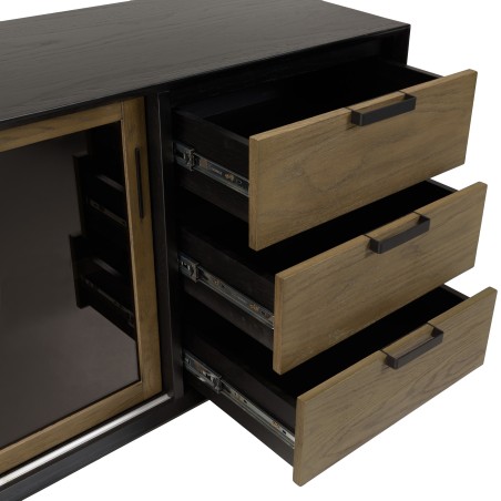 Buffet ALMA marron/noir 2 portes coulissantes en verre fumé