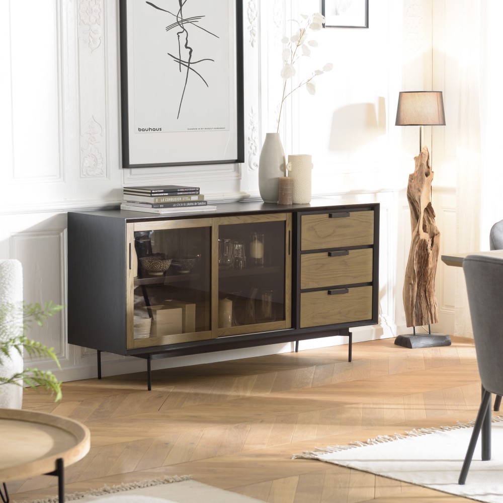 ALMA Brown/Black Sideboard with 2 Sliding Doors | Elegant Storage Solution ALMA Brown/Black Sideboard with 2 Sliding Doors | Elegant Storage Solution