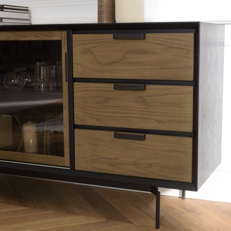 Buffet ALMA marron/noir 2 portes coulissantes en verre fumé