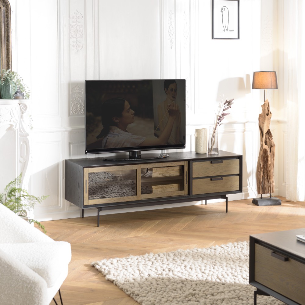 ALMA Brown/Black TV Stand with Sliding Glass Doors - Trendy and Functional ALMA Brown/Black TV Stand with Sliding Glass Doors - Trendy and Functional